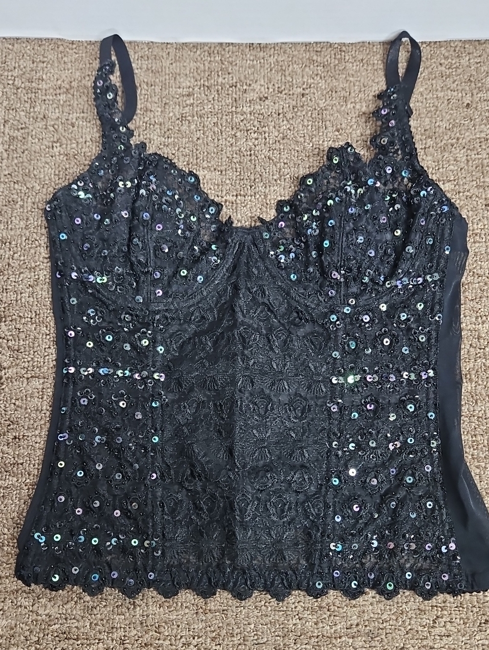 Beaded Black Sequin Lace Bustier Structured Top Sz XXS